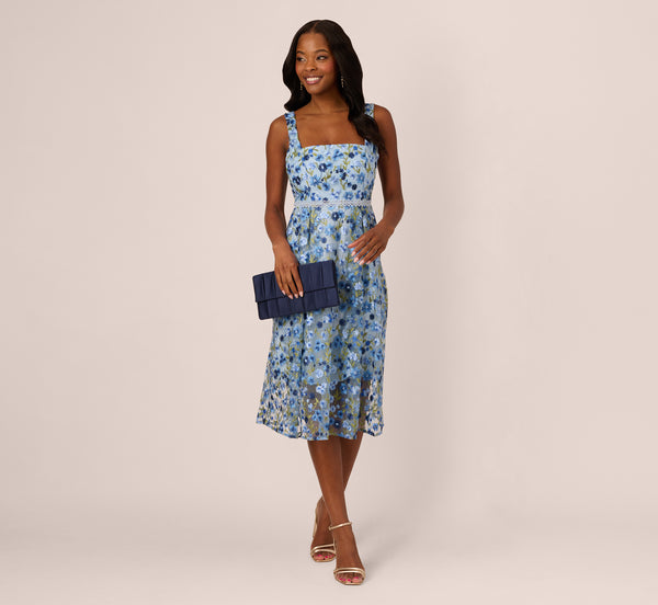 adrianna papell Sleeveless Square Neck Floral Embroidered Midi Dress In Blue Multi