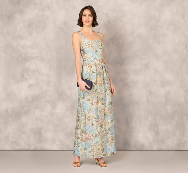 Adrianna Papell Sleeveless Square Neck Floral Jacquard Column Gown In Blue Gold