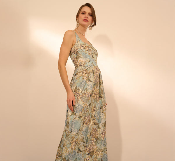 adrianna papell Sleeveless Square Neck Floral Jacquard Column Gown In Blue Gold