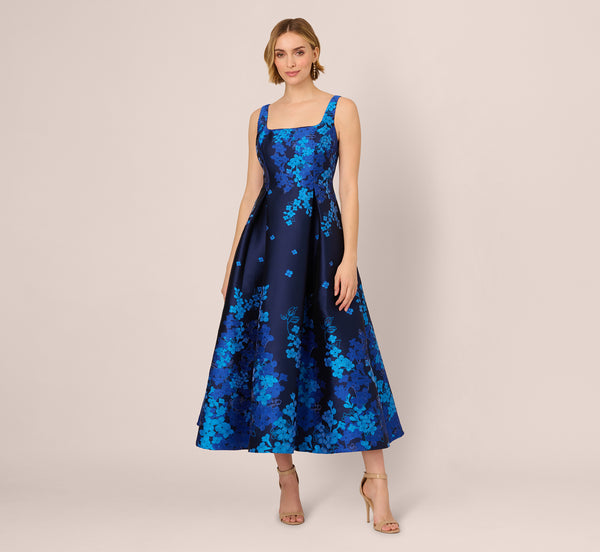 Adrianna Papell Sleeveless Square Neck Floral Jacquard Midi Dress In Blue Multi