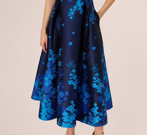 Adrianna Papell Sleeveless Square Neck Floral Jacquard Midi Dress In Blue Multi