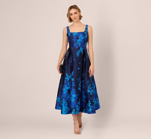 adrianna papell Sleeveless Square Neck Floral Jacquard Midi Dress In Blue Multi