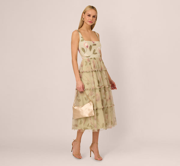 Adrianna Papell Sleeveless Square Neck Floral Tiered Midi Dress In Green Multi
