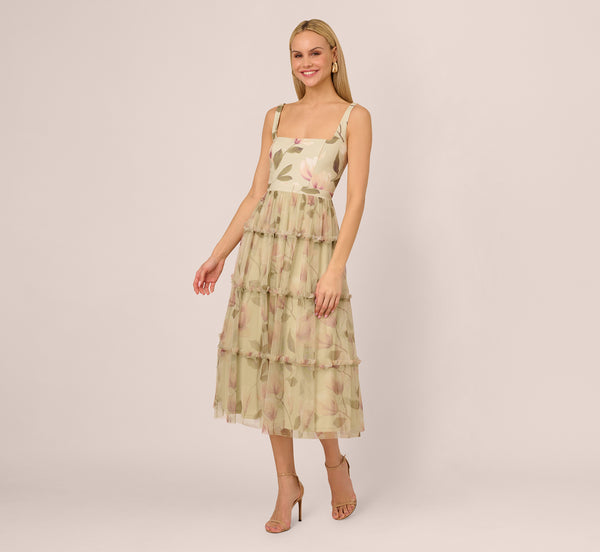 Adrianna Papell Sleeveless Square Neck Floral Tiered Midi Dress In Green Multi