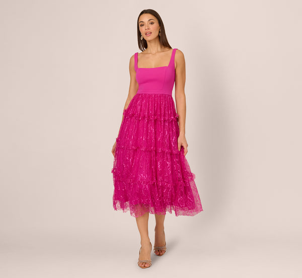 Adrianna Papell Sleeveless Square Neck Tiered Lace Midi Dress In Electric Passion