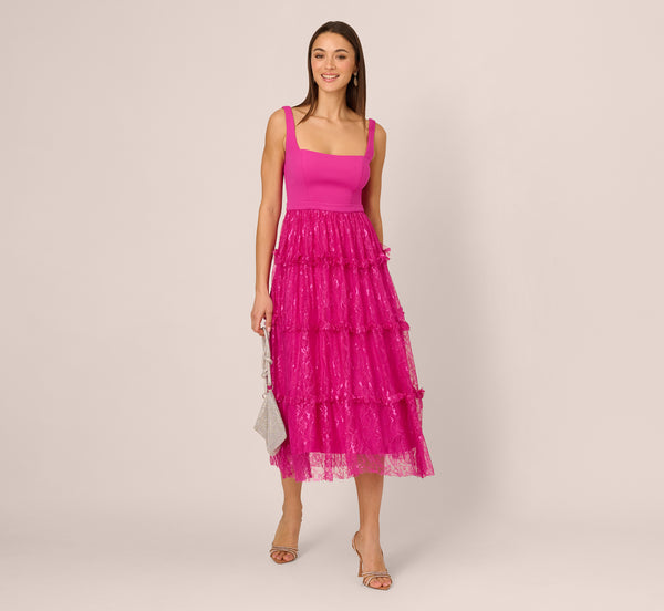 adrianna papell Sleeveless Square Neck Tiered Lace Midi Dress In Electric Passion