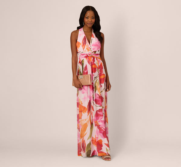 Adrianna Papell Sleeveless Surplice Floral Chiffon Gown In Pink Orange Multi
