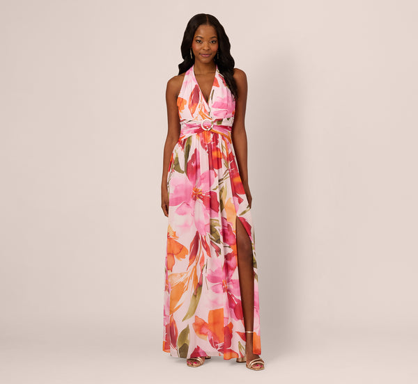 Adrianna Papell Sleeveless Surplice Floral Chiffon Gown In Pink Orange Multi