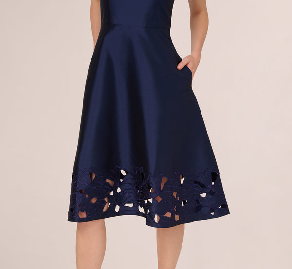 Adrianna Papell Sleeveless Taffeta Floral Cutwork Midi Dress In Light Navy