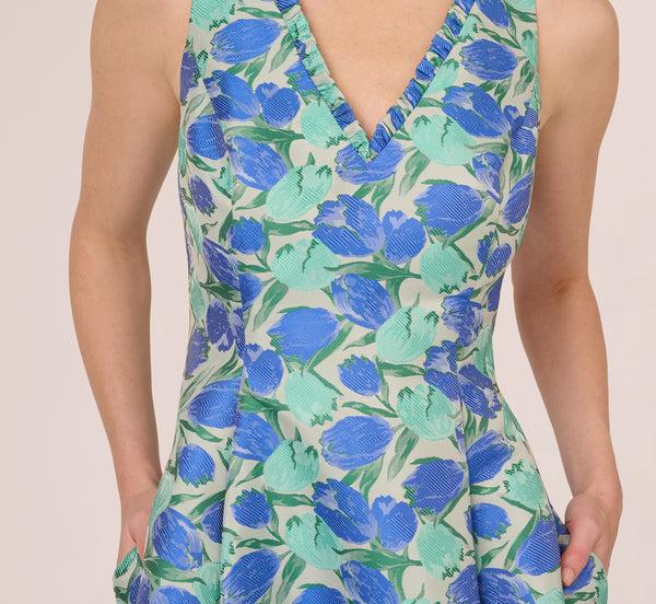 Adrianna Papell Sleeveless Tulip Jacquard Fit And Flare Midi Dress In Blue Green Multi