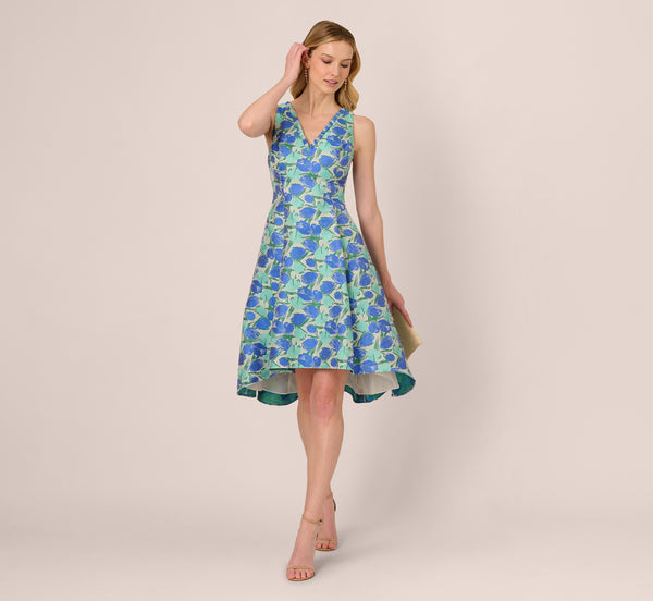 adrianna papell Sleeveless Tulip Jacquard Fit And Flare Midi Dress In Blue Green Multi