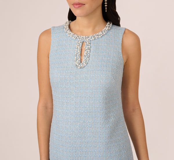 Adrianna Papell Sleeveless Tweed Beaded Keyhole Shift Dress In Light Blue