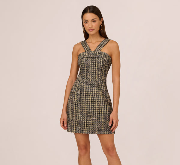 Adrianna Papell Sleeveless Tweed Mini Dress With Halter Straps In Black Ivory