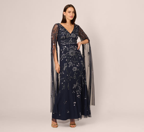 Adrianna Papell Split Sleeve Floral Beaded Gown In Navy Gunmetal