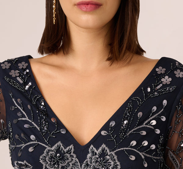 Adrianna Papell Split Sleeve Floral Beaded Gown In Navy Gunmetal