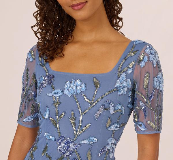 Adrianna Papell Square Neck Short Sleeve Beaded Godet Gown In French Blue