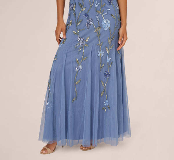 Adrianna Papell Square Neck Short Sleeve Beaded Godet Gown In French Blue