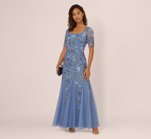 adrianna papell Square Neck Short Sleeve Beaded Godet Gown In French Blue