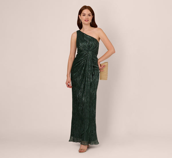 Adrianna Papell Stardust Pleated Draped One Shoulder Gown In Green Pine