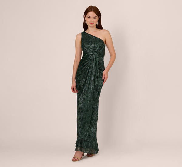 Adrianna Papell Stardust Pleated Draped One Shoulder Gown In Green Pine