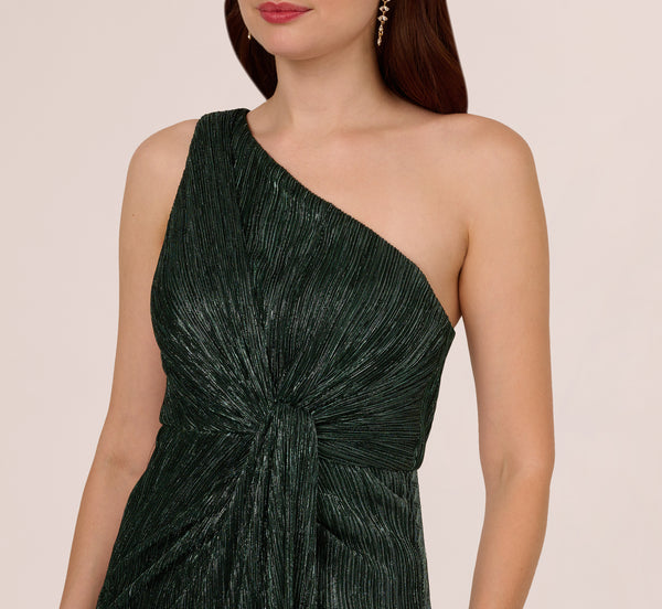Adrianna Papell Stardust Pleated Draped One Shoulder Gown In Green Pine