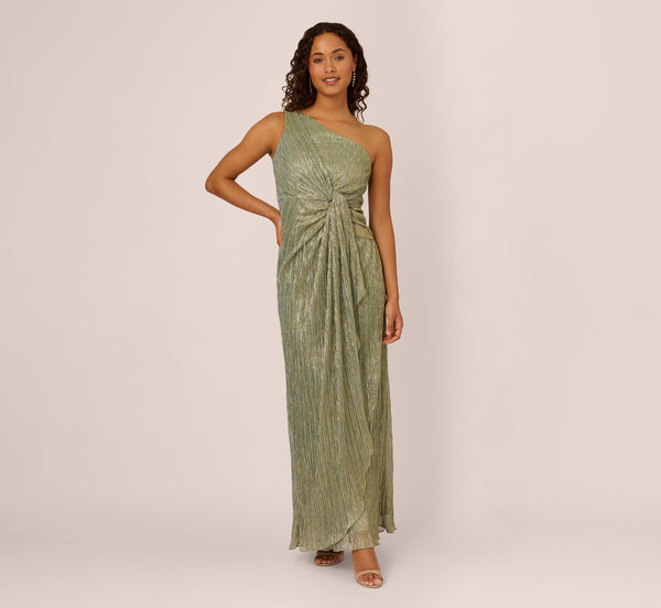 Adrianna Papell Stardust Pleated Draped One Shoulder Gown In Green Slate