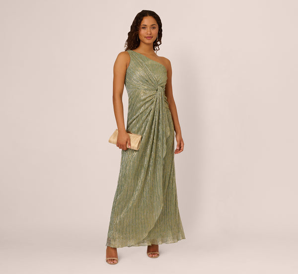 adrianna papell Stardust Pleated Draped One Shoulder Gown In Green Slate