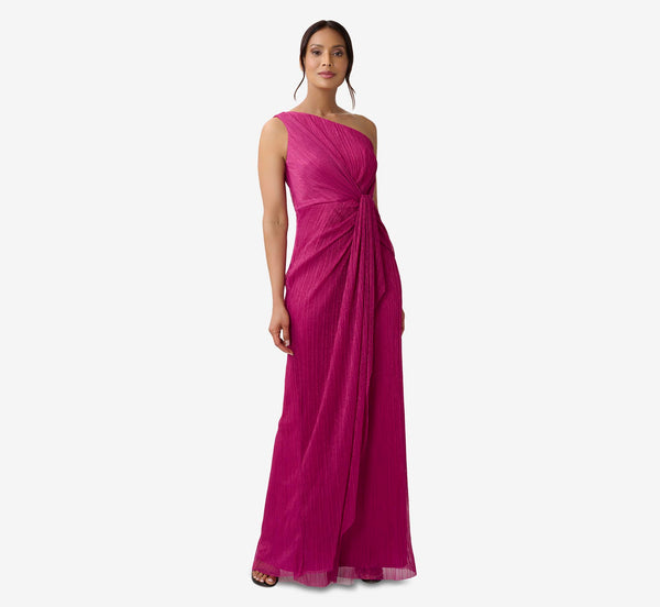 Adrianna Papell Stardust Pleated Draped One Shoulder Gown In Magenta
