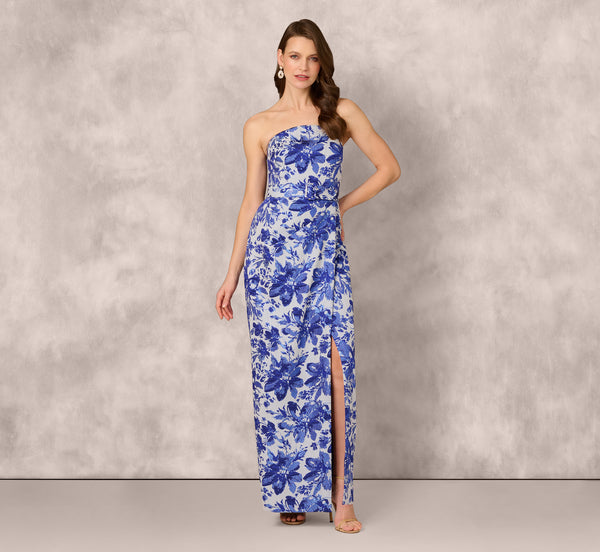 Adrianna Papell Strapless Belted Floral Jacquard Column Gown In Rich Royal