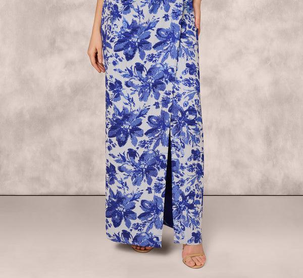 Adrianna Papell Strapless Belted Floral Jacquard Column Gown In Rich Royal