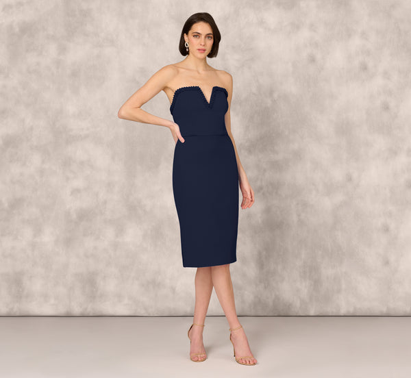 Adrianna Papell Strapless Bonded Crepe Midi Dress With Beaded Notch Neckline In Twilight