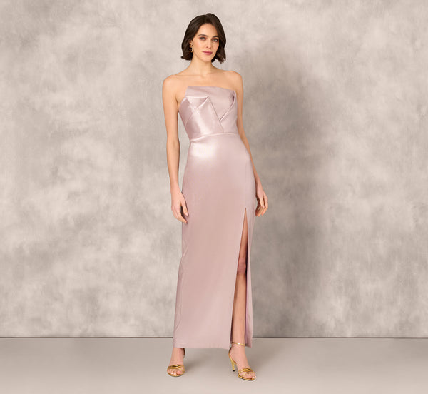 Adrianna Papell Strapless Draped Foil Mikado Gown In Mauve Silver
