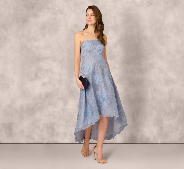 Adrianna Papell Strapless Floral Embroidered High Low Midi Dress In Blue Cloud