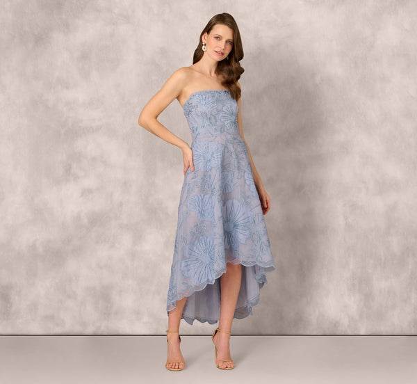 Adrianna Papell Strapless Floral Embroidered High Low Midi Dress In Blue Cloud
