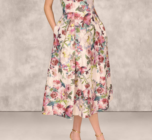 Adrianna Papell Strapless Floral Jacquard Midi Dress In Pink Multi