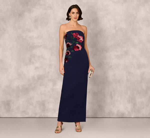 adrianna papell Strapless Floral Sequin Beaded Column Gown In Navy