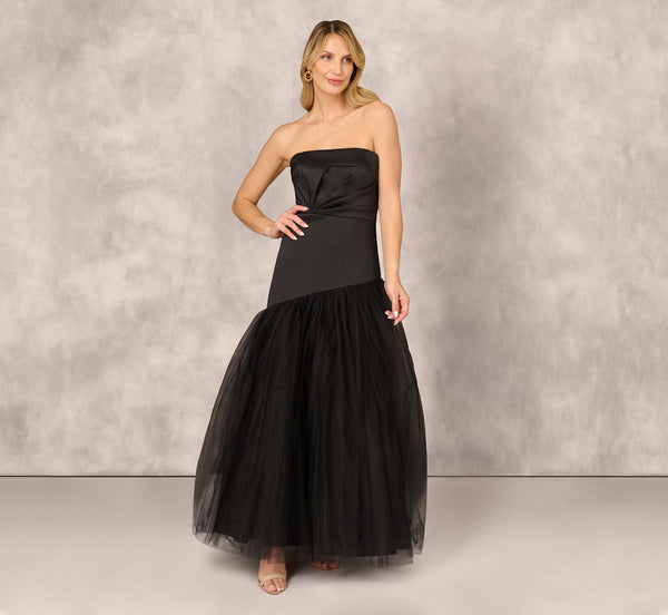 Adrianna Papell Strapless Mikado Ball Gown With Mesh Skirt In Black