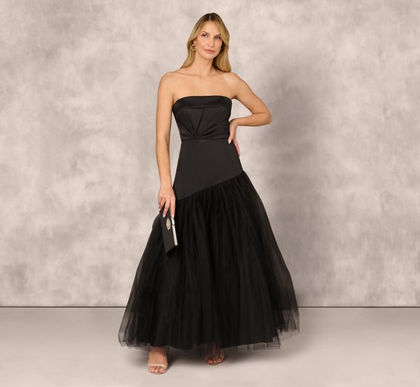 adrianna papell Strapless Mikado Ball Gown With Mesh Skirt In Black