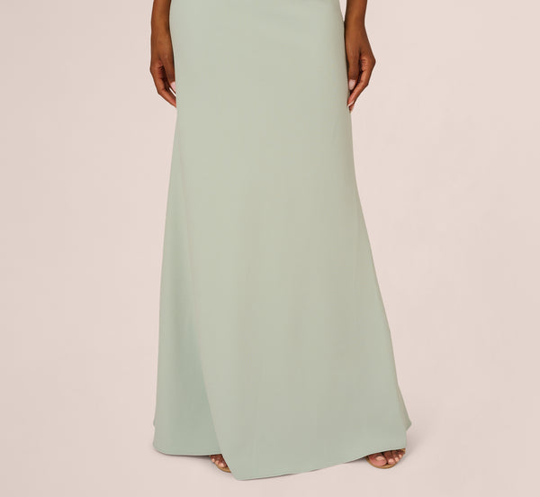 Adrianna Papell Stretch Crepe One Shoulder Mermaid Gown With Bow Accent In Icy Sage
