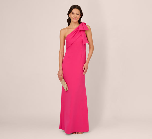 Adrianna Papell Stretch Crepe One Shoulder Mermaid Gown With Bow Accent In Hot Pink