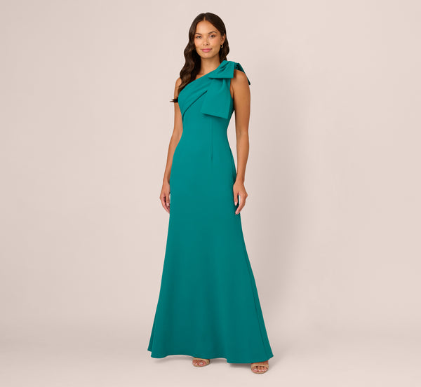 Adrianna Papell Stretch Crepe One Shoulder Mermaid Gown With Bow Accent In Tempo Teal