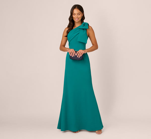 adrianna papell Stretch Crepe One Shoulder Mermaid Gown With Bow Accent In Tempo Teal