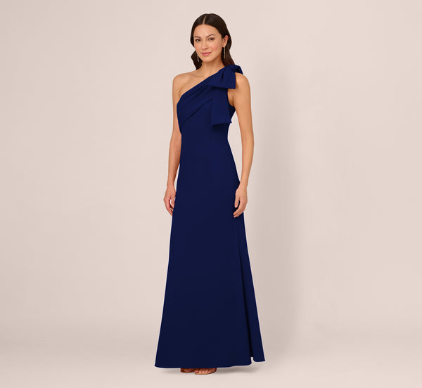 Adrianna Papell Stretch Crepe One Shoulder Mermaid Gown With Bow Accent In Navy Sateen