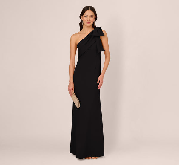 adrianna papell Stretch Crepe One Shoulder Mermaid Gown With Bow Accent In Black