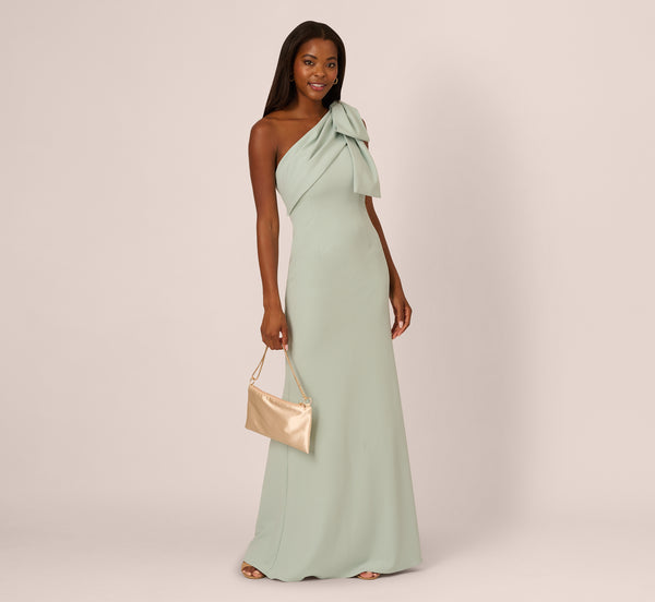 adrianna papell Stretch Crepe One Shoulder Mermaid Gown With Bow Accent In Icy Sage
