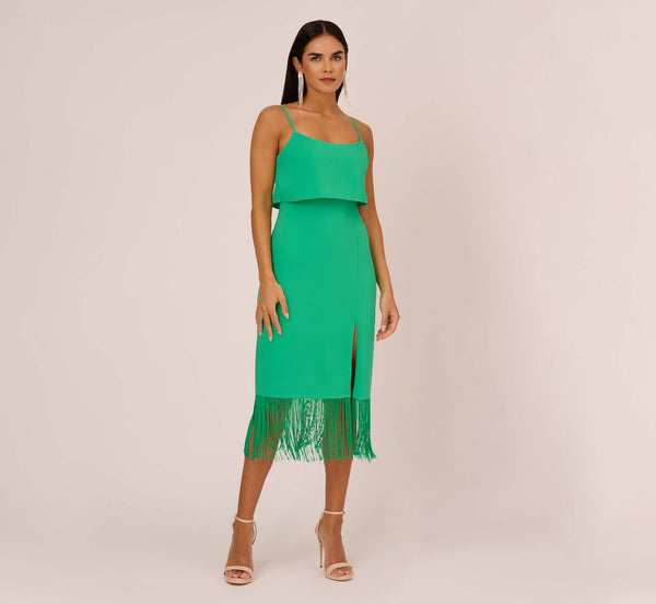 Adrianna Papell Stretch Crepe Popover Midi Dress With Fringe Hem In Summer Green