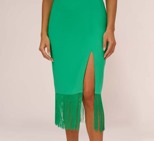 Adrianna Papell Stretch Crepe Popover Midi Dress With Fringe Hem In Summer Green