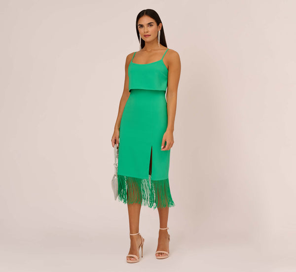 adrianna papell Stretch Crepe Popover Midi Dress With Fringe Hem In Summer Green