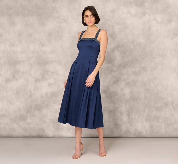 Adrianna Papell Stretch Mikado Midi Dress With Beaded Neckline And Straps In Navy