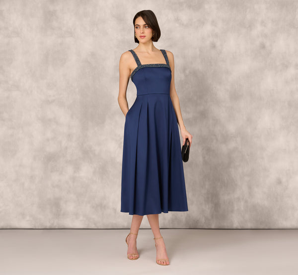 adrianna papell Stretch Mikado Midi Dress With Beaded Neckline And Straps In Navy